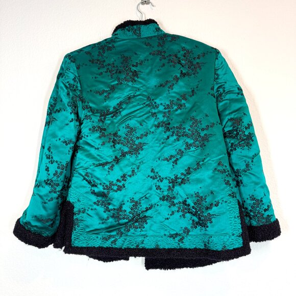 Vintage Chinese Jacket Teal Black Brocade Satin Reversible Mandarin Boho Small - Picture 3 of 10
